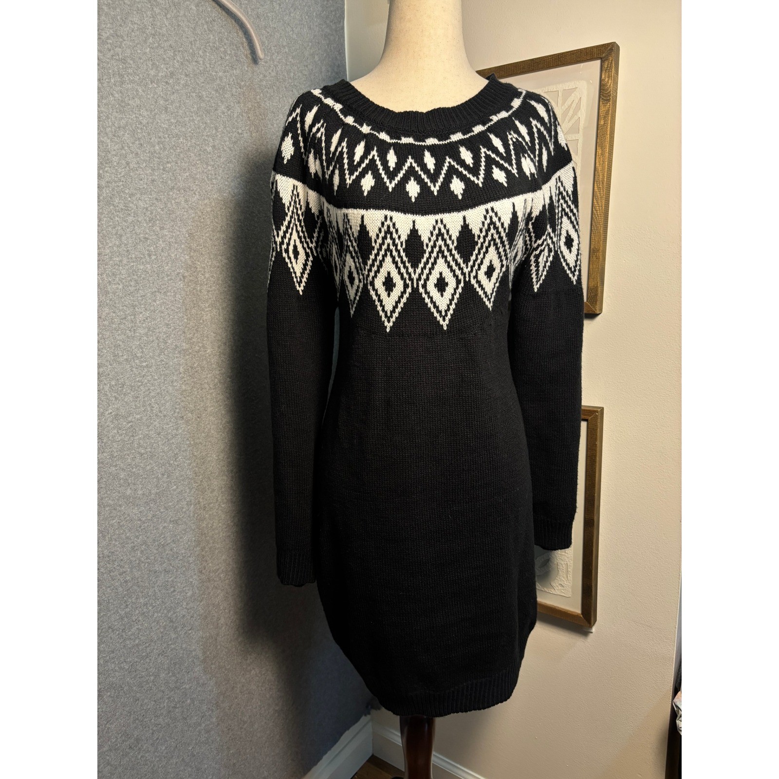 Harper Heritage Black White Fair Isle Sweater Dress Nordic Knit Winter NWT Large