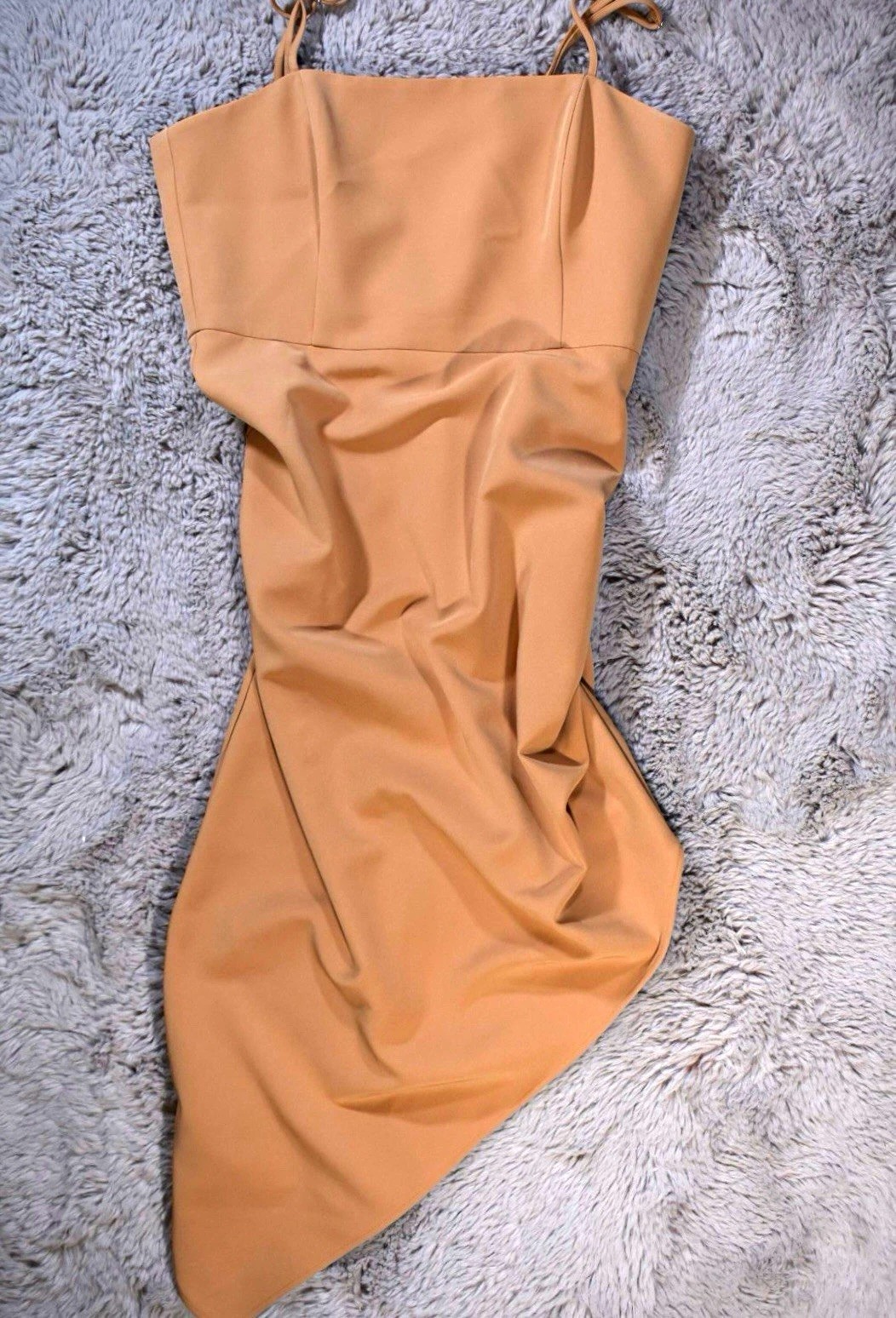 Gianni Bini Beige Bodycon Midi Dress Square Neck Ruched Spaghetti Strap 10