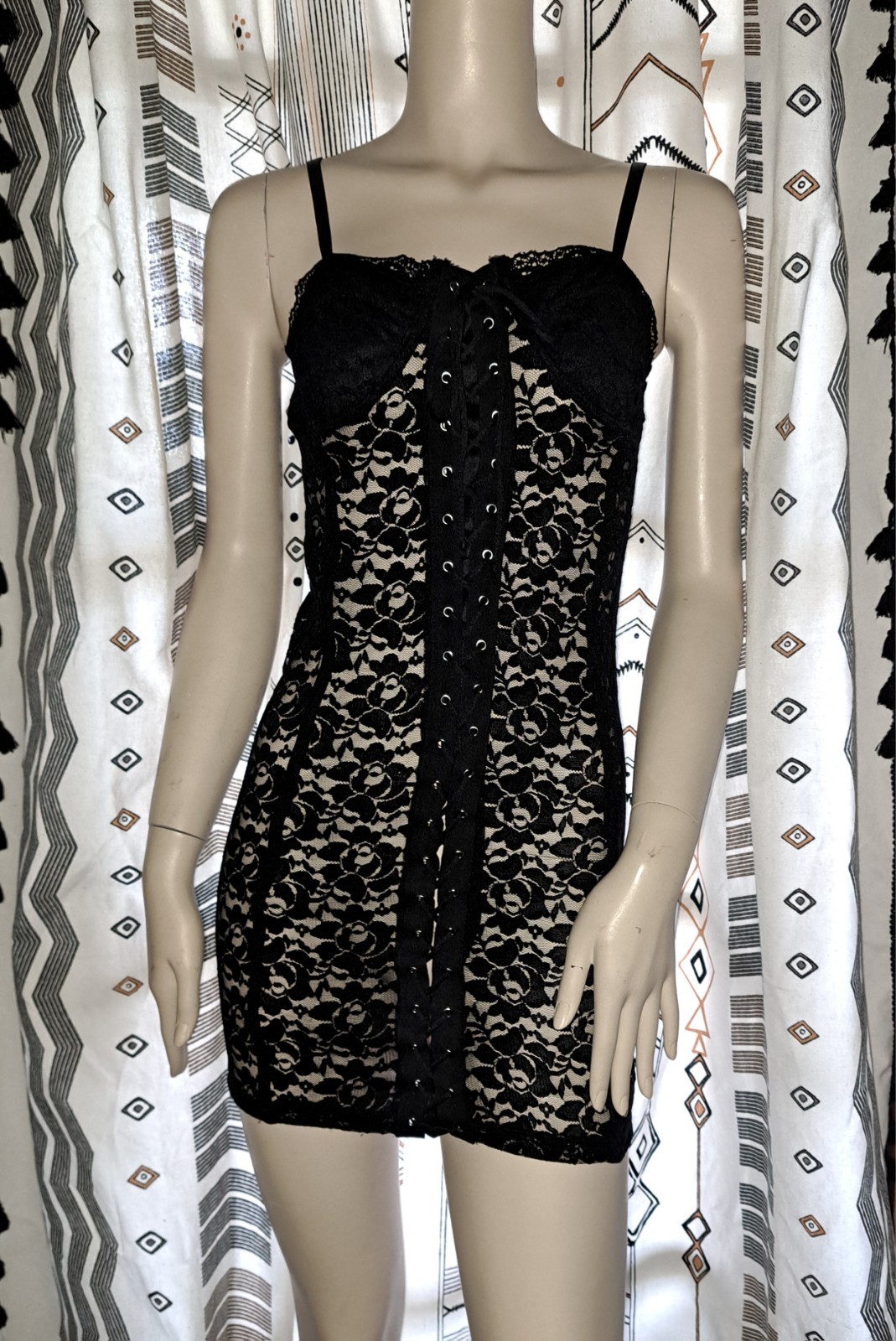 Motel Rocks Sheer Black Lace Dress Corset Front Tie Underwired Lingerie Dress