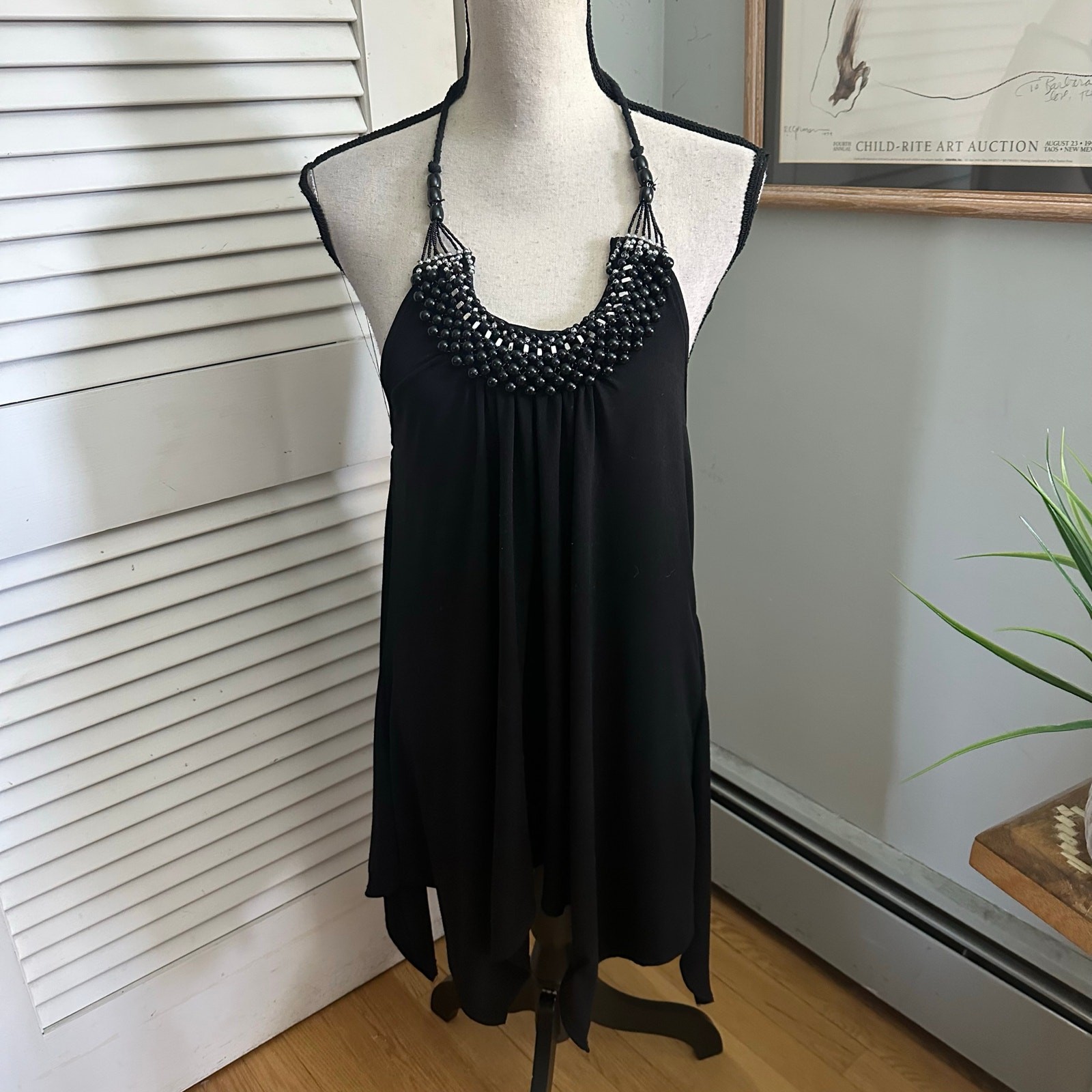 Vintage FASHION BUG Dress Womens 0X Black Beaded Halter Retro Y2K Boho Grunge