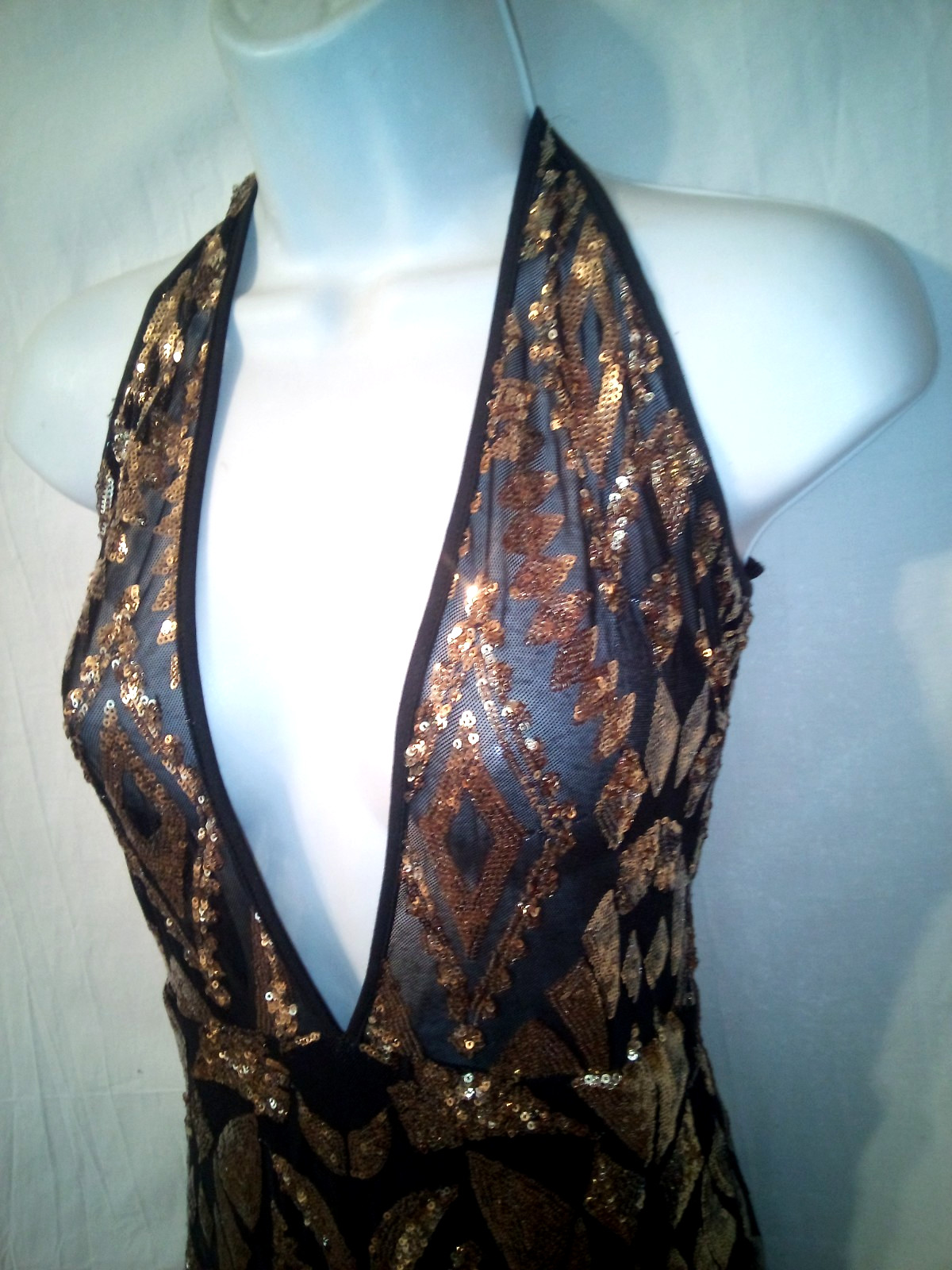 Fashion Nova~M~Sheer Black Gold Sequins Plunging Halter Dress Attached Panties~Q