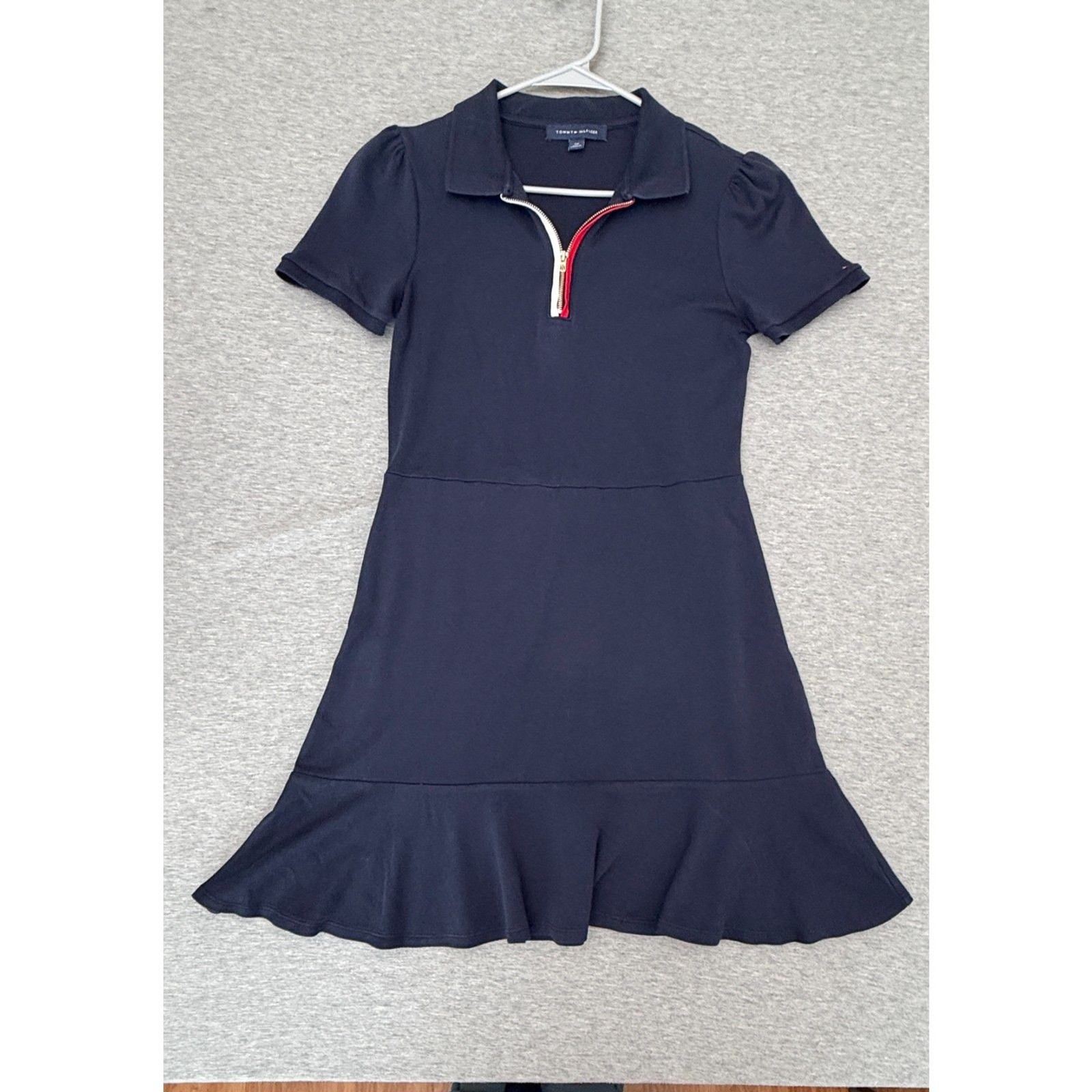 Tommy Hilfiger Polo Dress Navy Quarter Zip Ruffle Hem Athleisure Golf Small