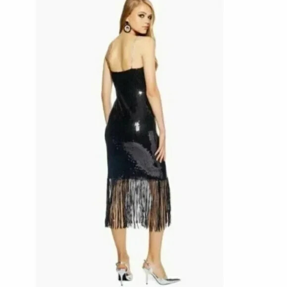 Topshop Sequin Embroidered Strap Fringe Dress 4 Black