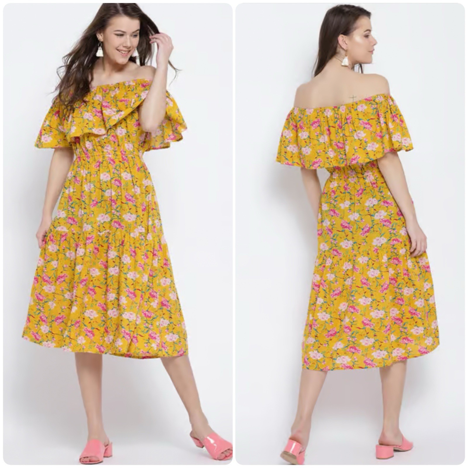 Sera Floral Flounced Off Shoulder Tiered Cotton Midi Dress Yellow Size XL