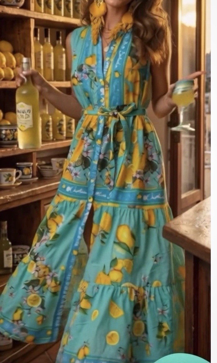 Antica Sartoria Positano 2026 Aqua Lemon Print Sleeveless Maxi Dress L/XL NWT