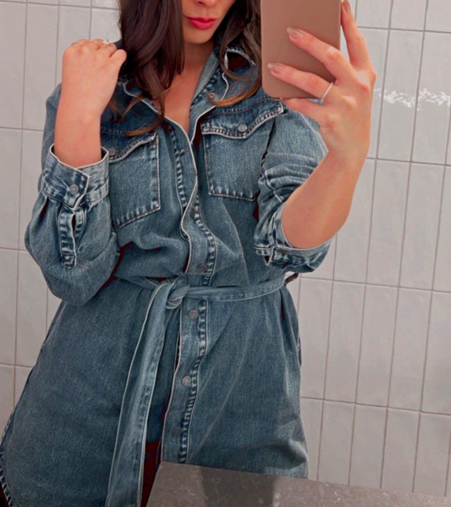 Habitual Blue Solid Denim Shirt Dress S Collared Long Sleeve Button Belted