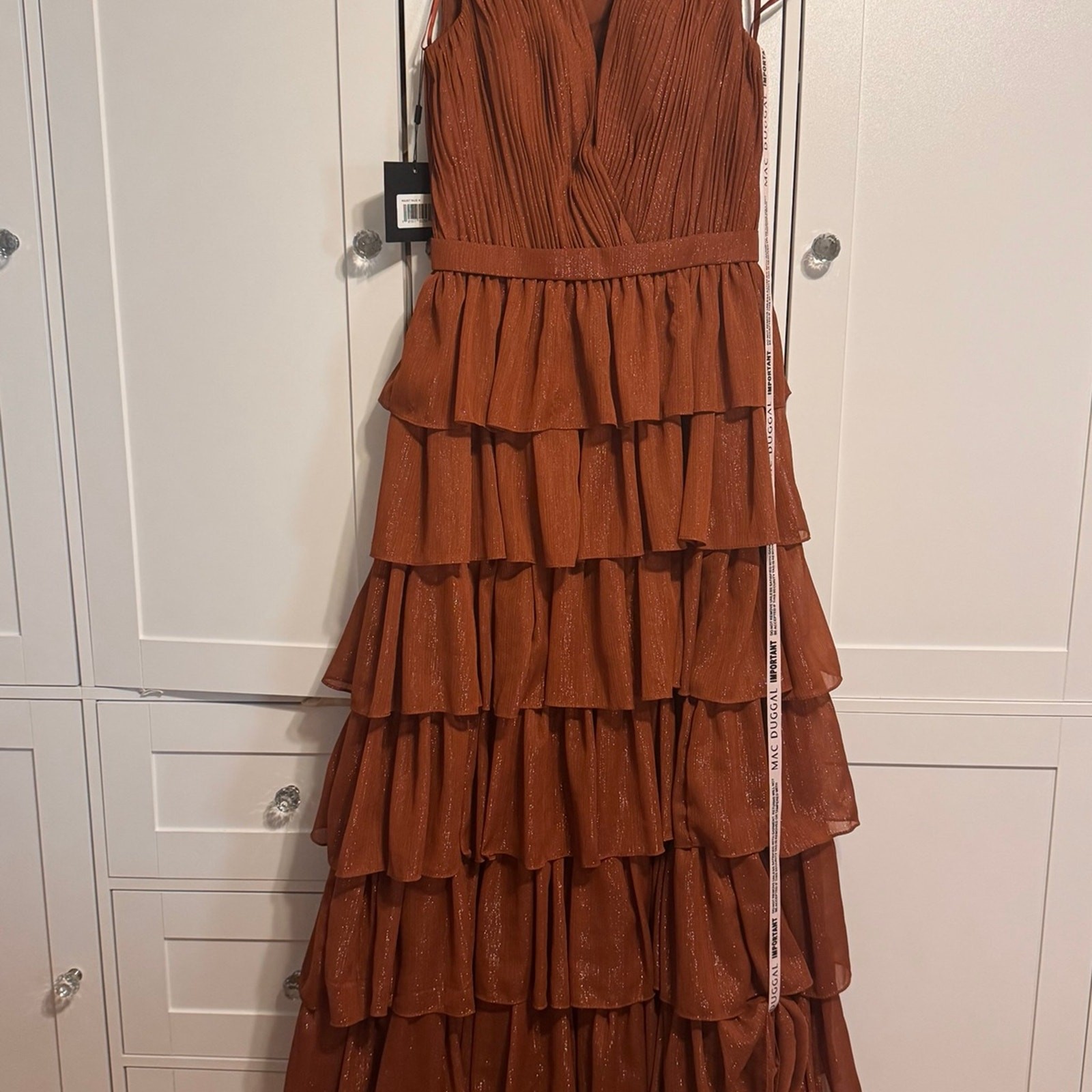 IEENA by Mac Duggal Rust Copper Metallic Tiered Ruffle Maxi Gown Size 4 NWT