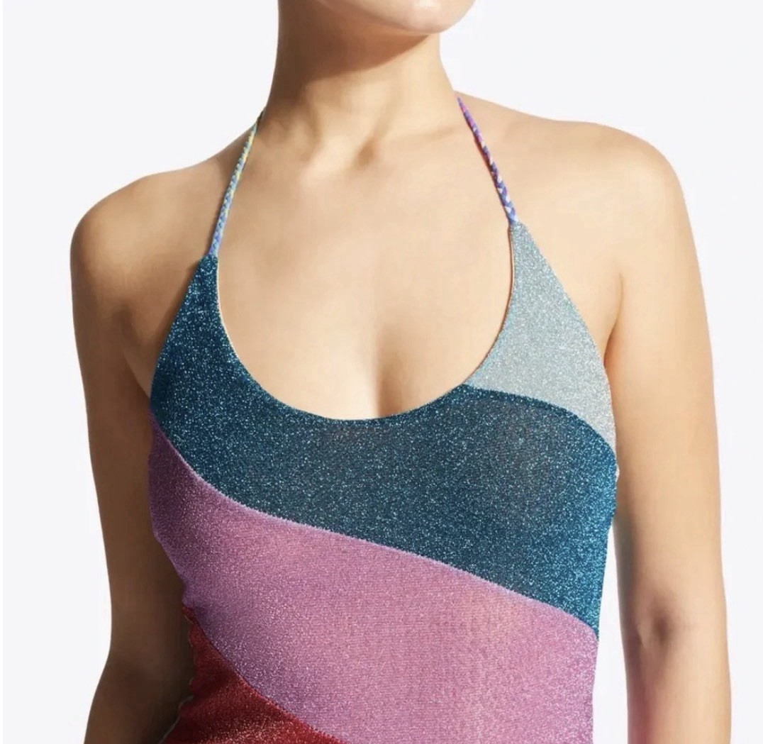 Kurt Geiger London Rainbow Striped Metallic Halter Dress Size L
