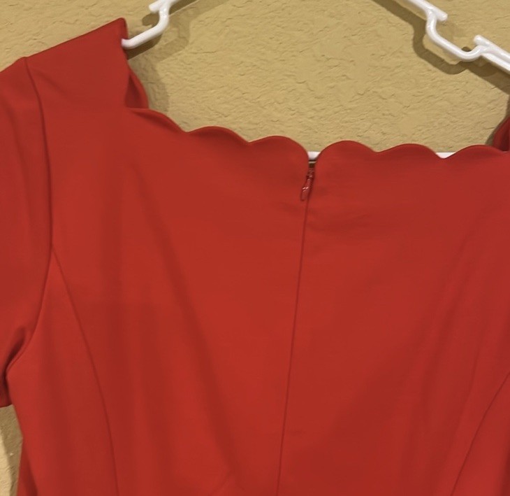 Talbots Red Solid Scalloped Neck Short Sleeve Sheath Midi Dress Size 4