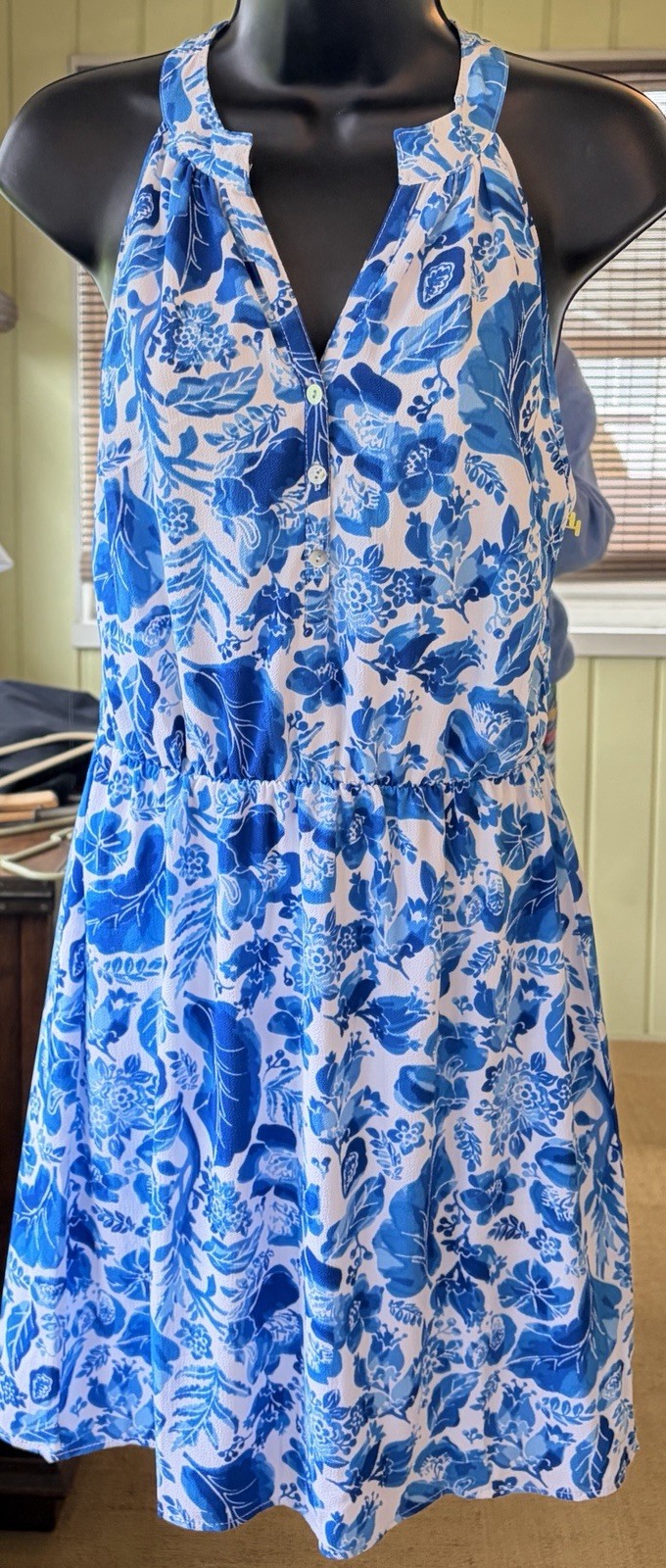 Mud Pie Teagan Racerback Blue & White Floral Dress Cinched Waist Lined S (4-6)