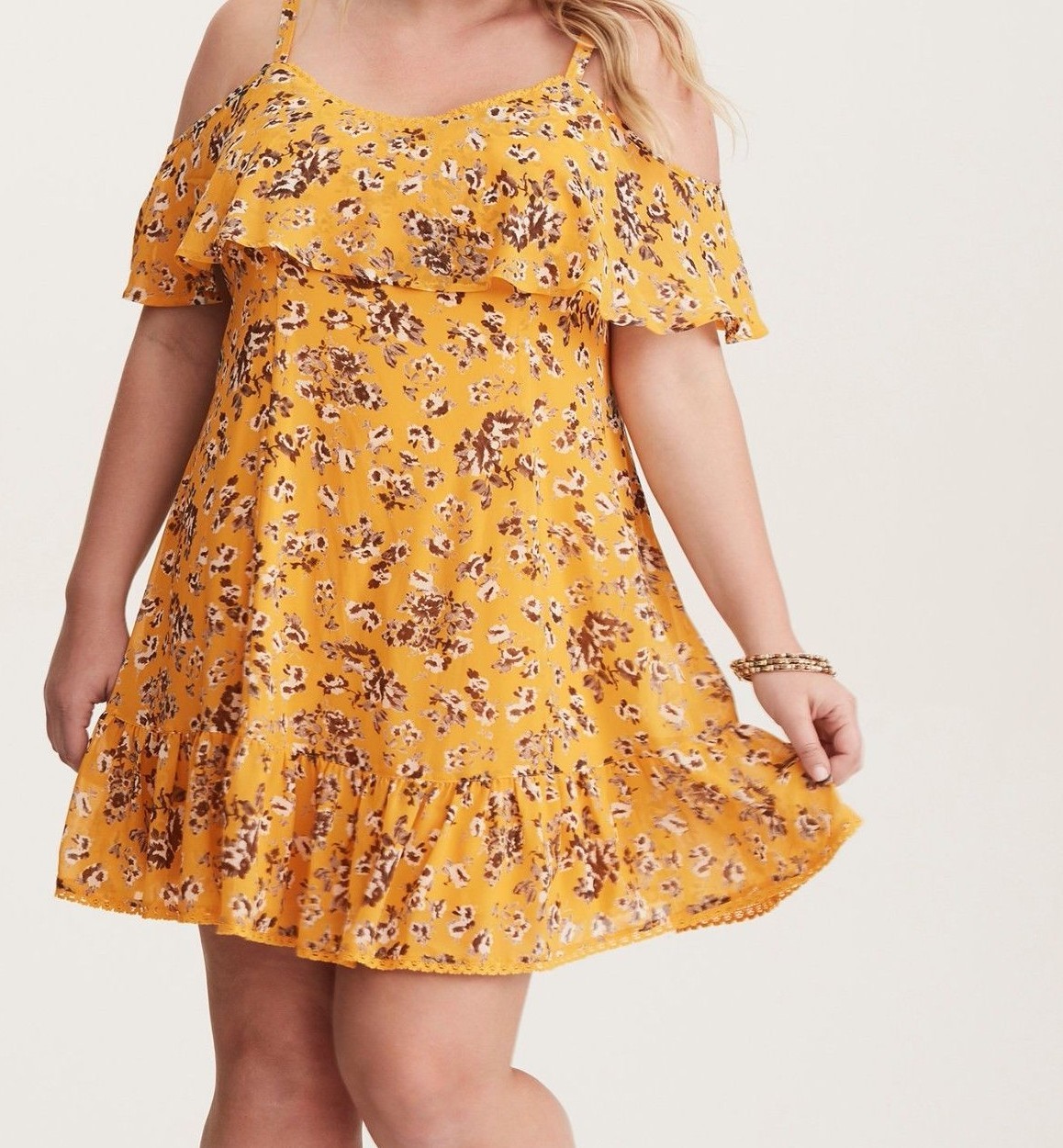 Torrid Yellow Floral Print Chiffon Cold Shoulder Trapeze Dress 00X #87554 *