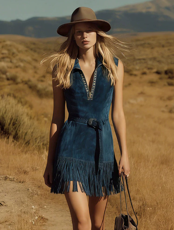 Womens Faux Suede Fringe Dress V Neck Sleeveless Zipper Boho Mini Dress Navy