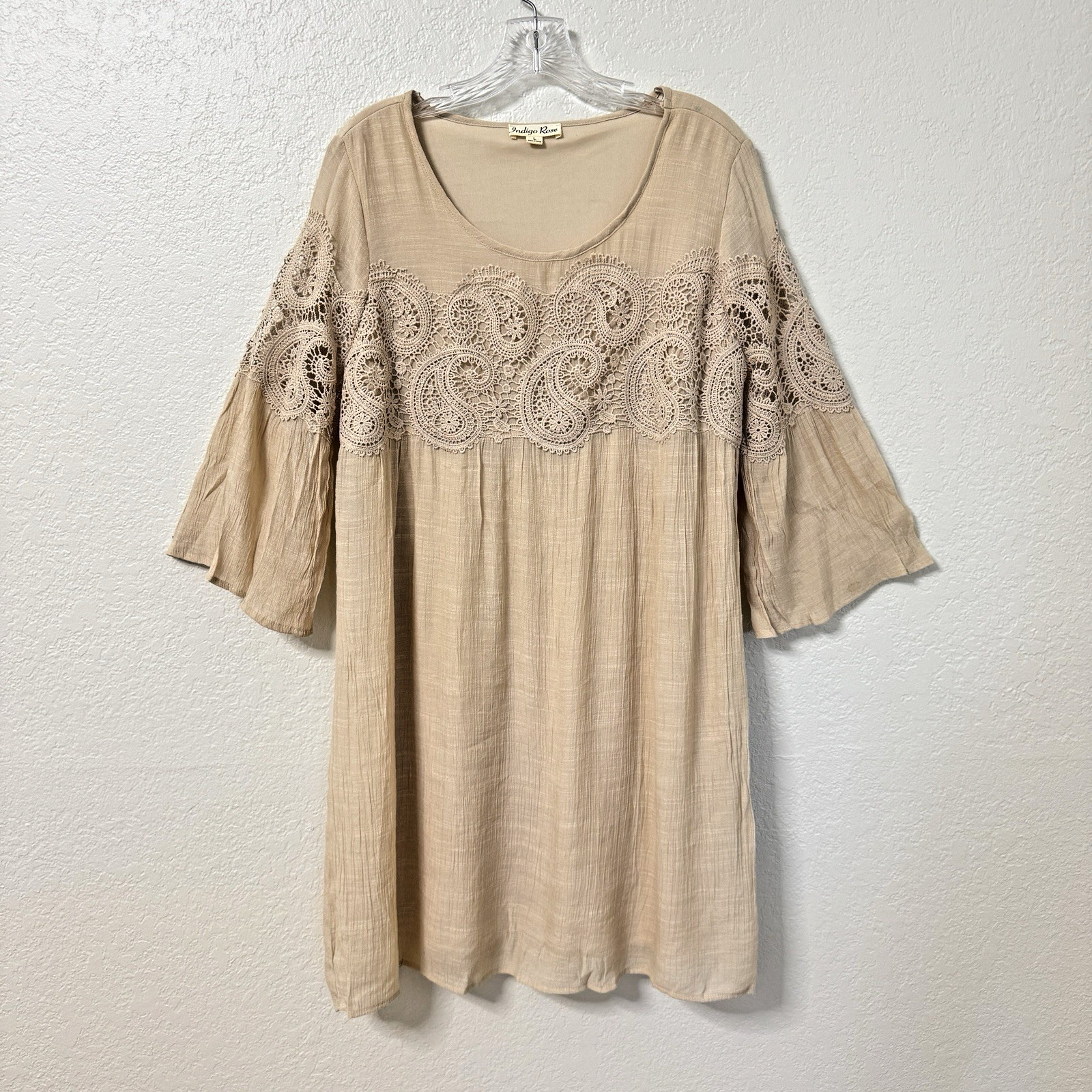Indigo Rose Dress Women L Beige Lace Boho Festival Vacation Brunch Party