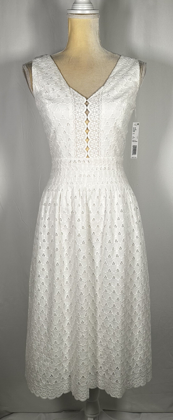 Gianni Bini Dress A-Line 2 Flare Midi Gown Sleeveless Eyelet Cotton Ivory $179