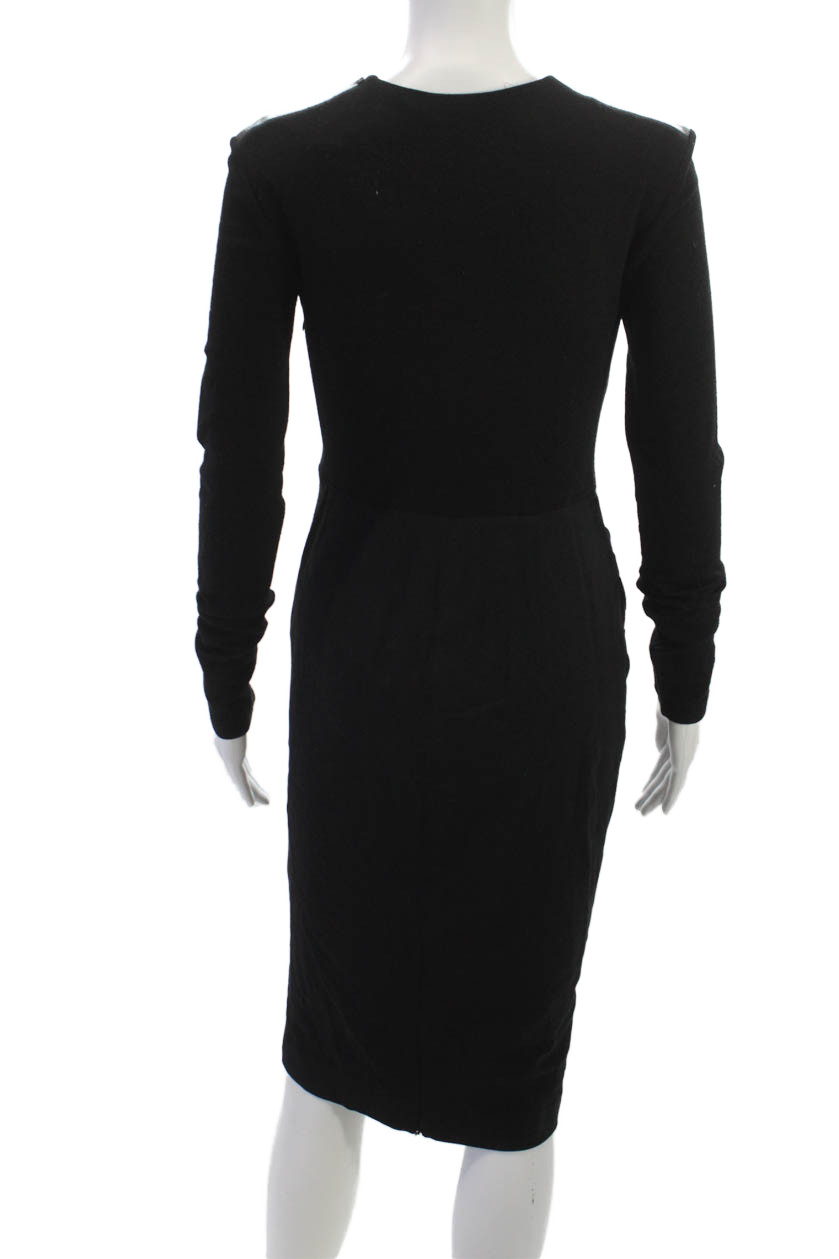 Sportmax Women Bodycon Sheath Long Sleeve Black Wool Dress Crew Neck Size S