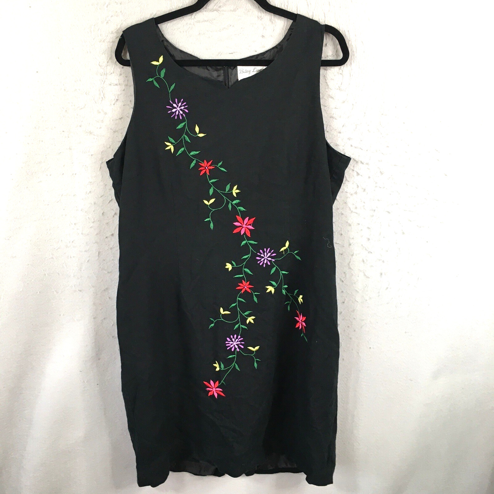 Betsy Lauren Dress Womens 18 Black Linen Blend Floral Embroidery Office Career