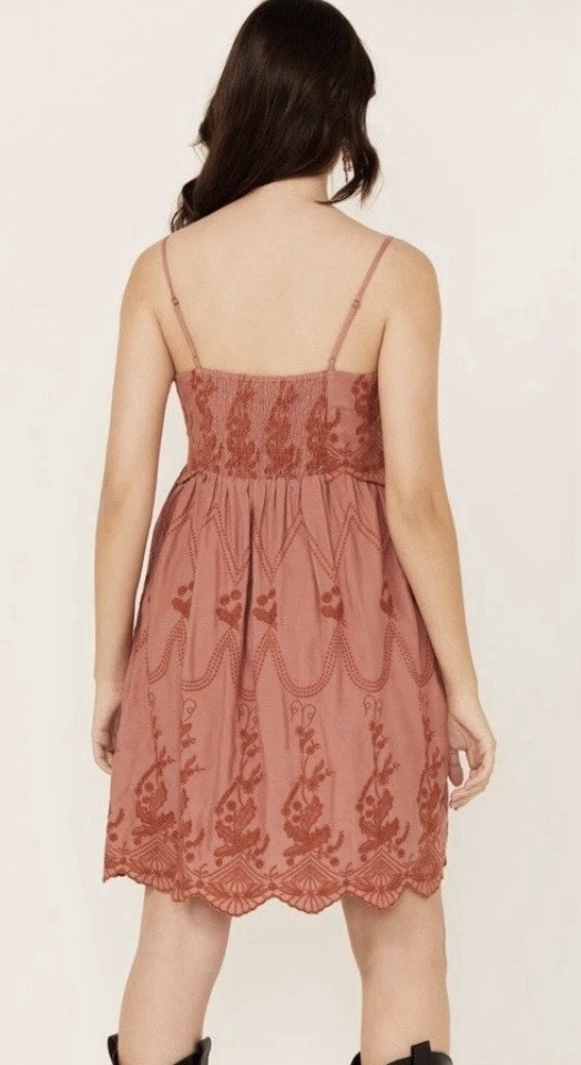 Cleo + Wolf Brina Boho Embroidered Mini Dress Scalloped Brown L Countrycore Chic