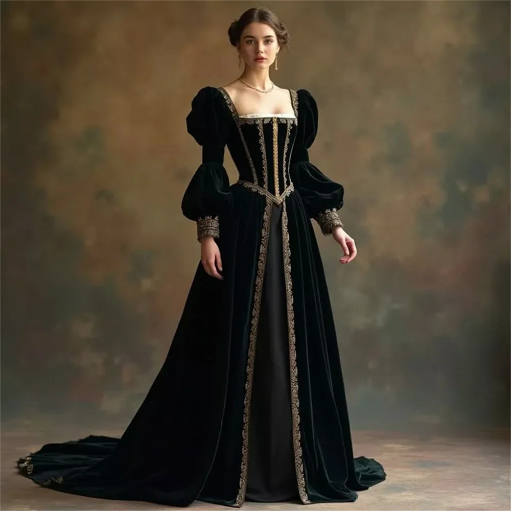 Black Royal Court Queen Elizabeth Costume Dress Puffy Sleeve Victorian Princess