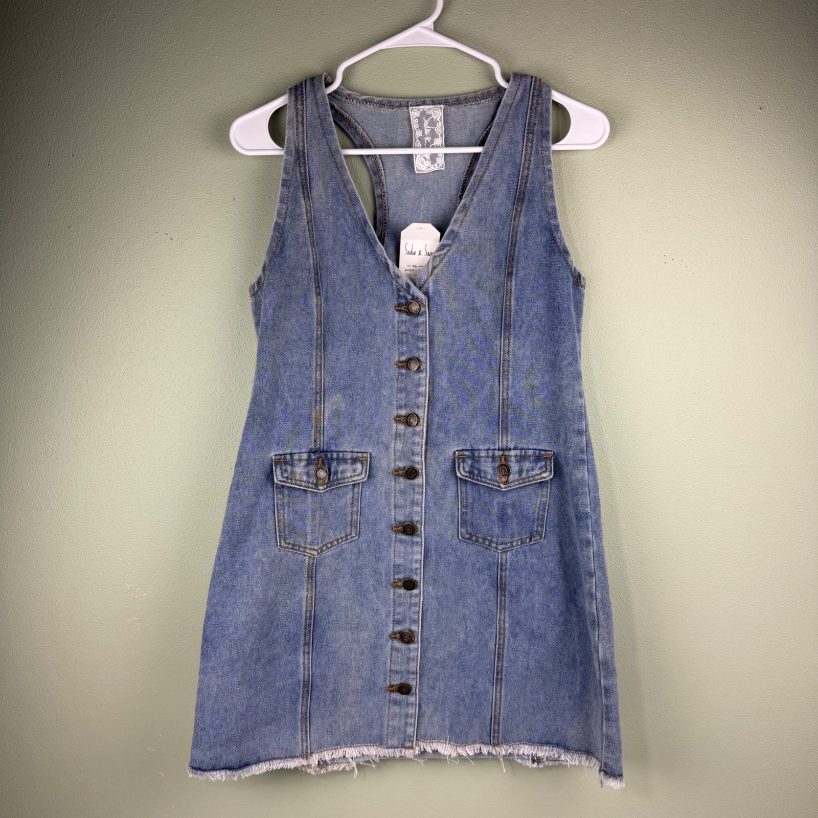Sadie & Sage Womens Blue Denim Button Front Racerback Halter Mini Dress Size M