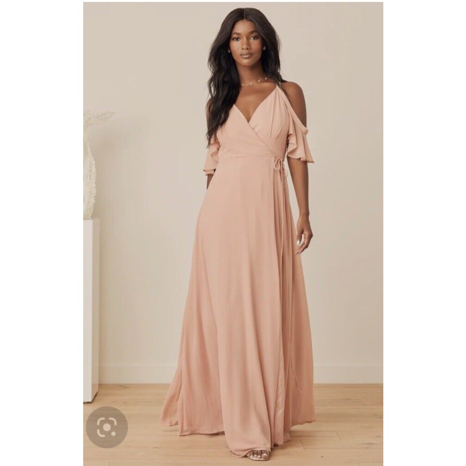 Lulus Maxi Formal Wrap Dress Size S Easy Listening Blush Cold-Shoulder Wedding