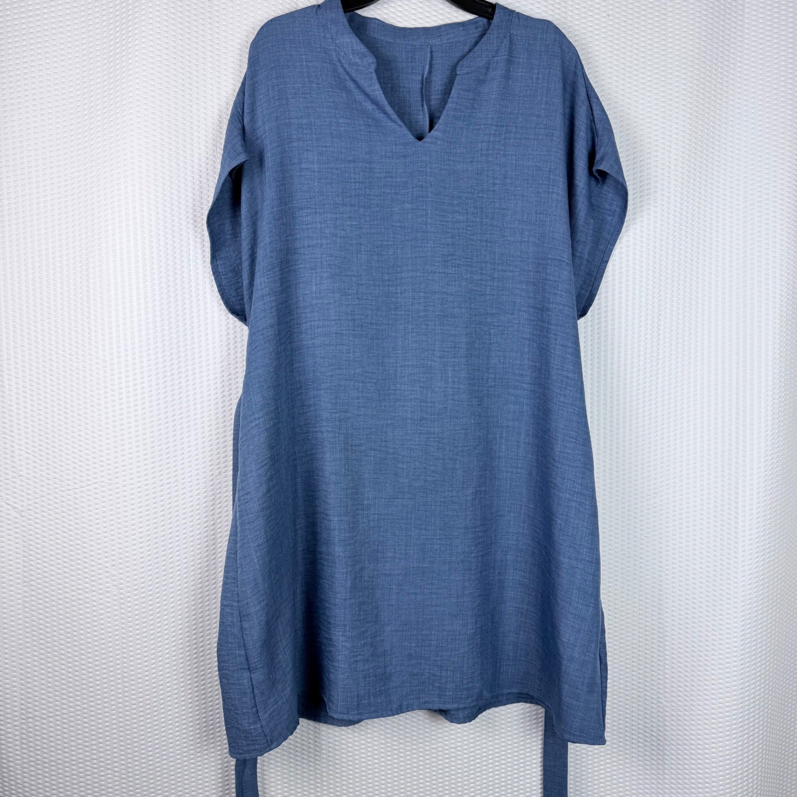 Women’s Denim Blue Split V-Neck Cap Sleeve Back Tie Tunic Dress 2XL Plus Size