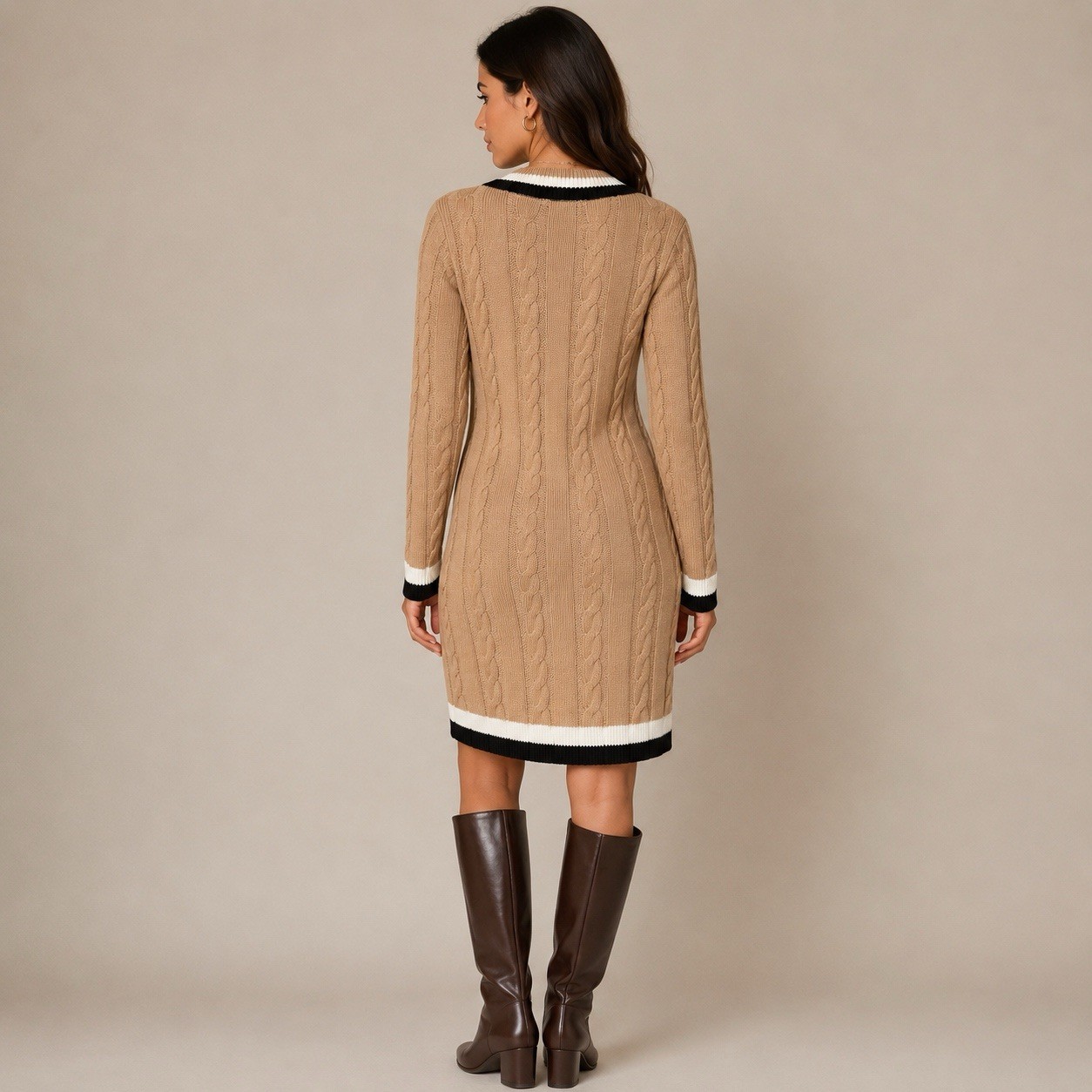 Tommy Hilfiger Chunky Cable Knit Varsity Dress M V Neck Camel Preppy Old Money