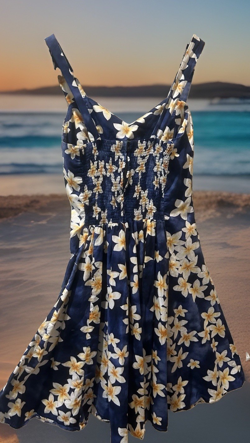 Royal Hawaiian Creations Tropical Navy Blue Dress Smocked Zipper Cotton Sz Large