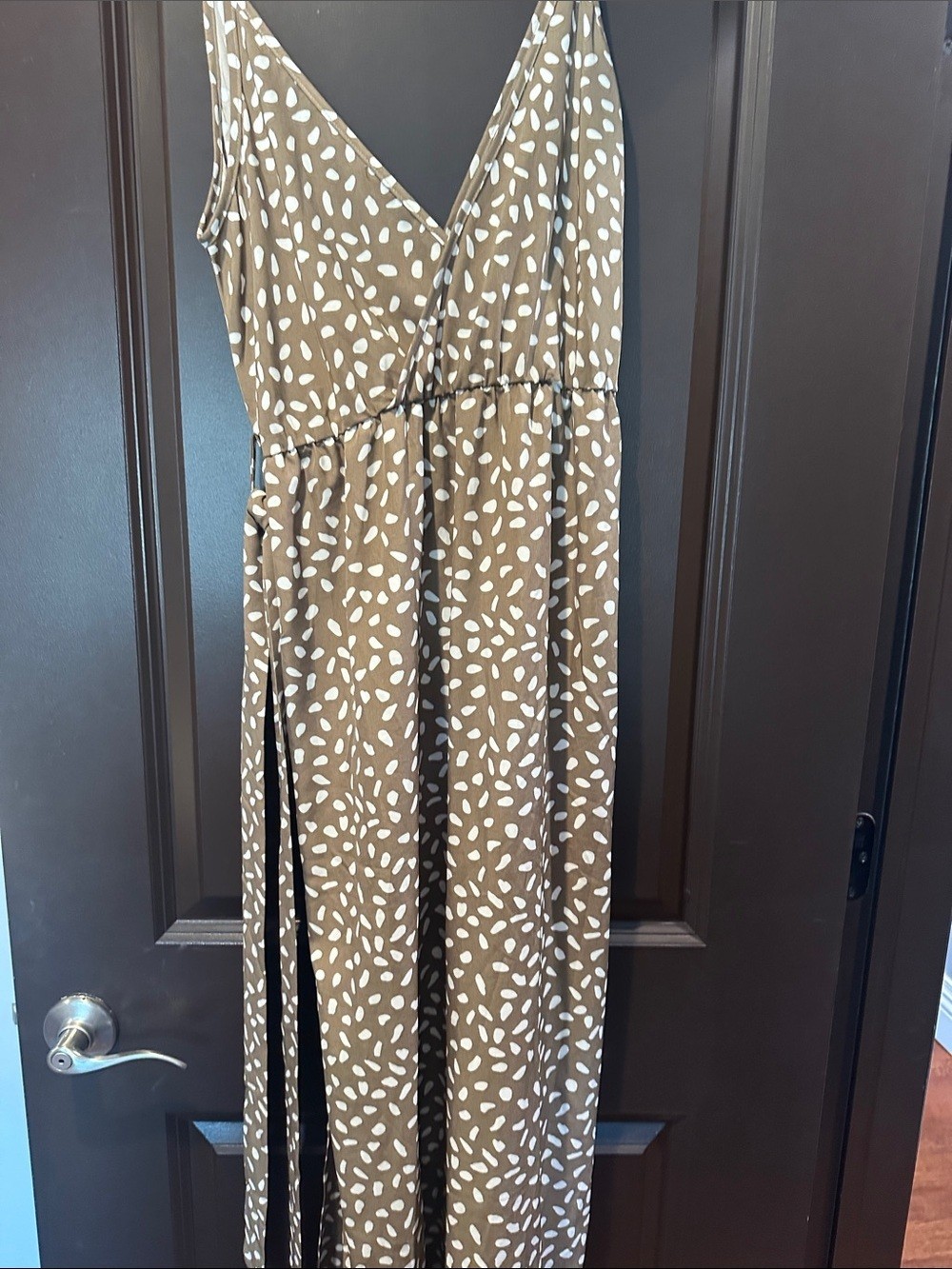 Brown and White Spotted Maxi Dress with Slits Size L