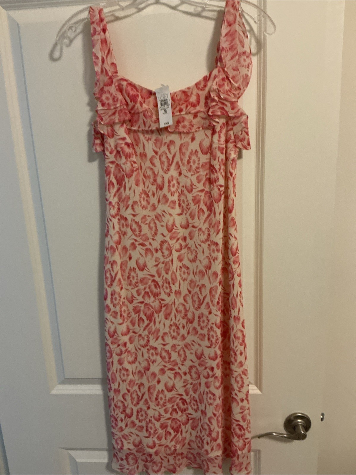 LOFT Ann Taylor NWT Floral Ruffle Dress 10 Petite Pink Cream Summer Casual