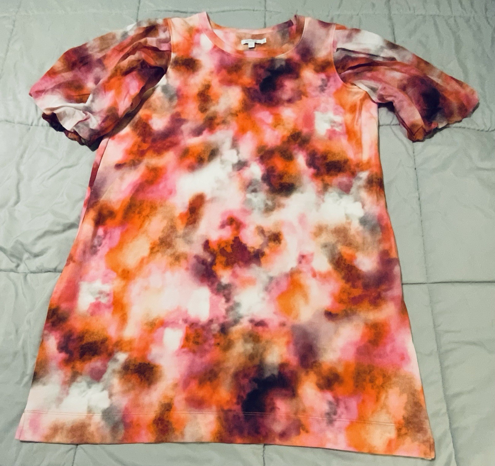 Chicos Shift Dress Size XL Watercolor Tye Die Pattern Puff Sleeves Pockets