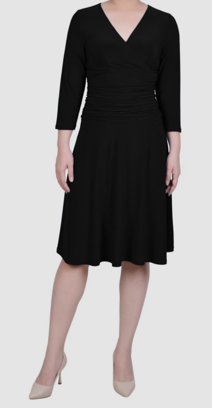 NY Collection Womens Black 3/4 Sleeve Rouched-Waist Dress Petite Size 8P