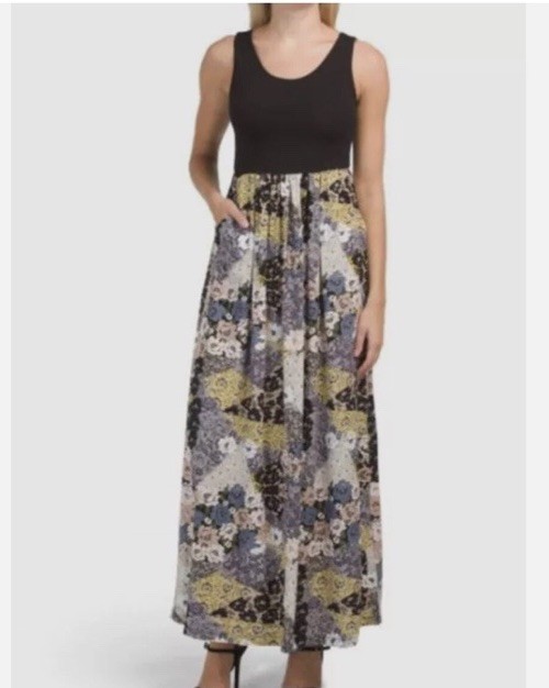 Nicole Miller L Mixed Fabric Crazy Quilt Floral Print Maxi Dress Pockets Black