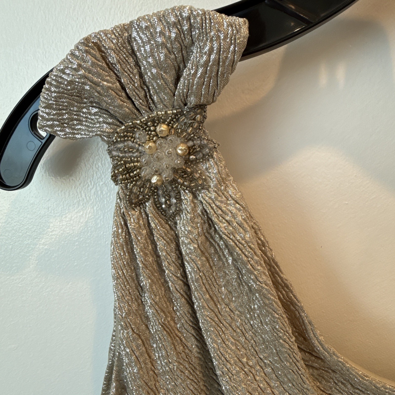 David Meister Women’s Silver Metallic Beaded One Shoulder Dress Size 12