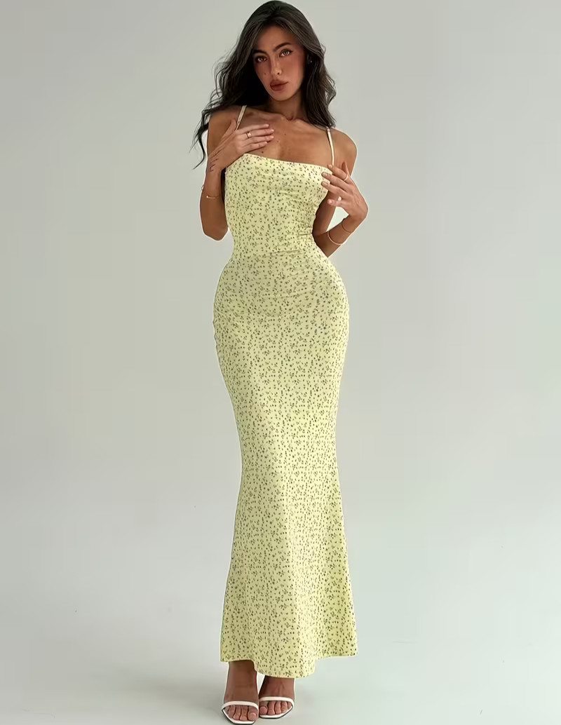 Large Yellow Floral Soft Slender Sexy Elegant Sleveless Backless Maxi Dress