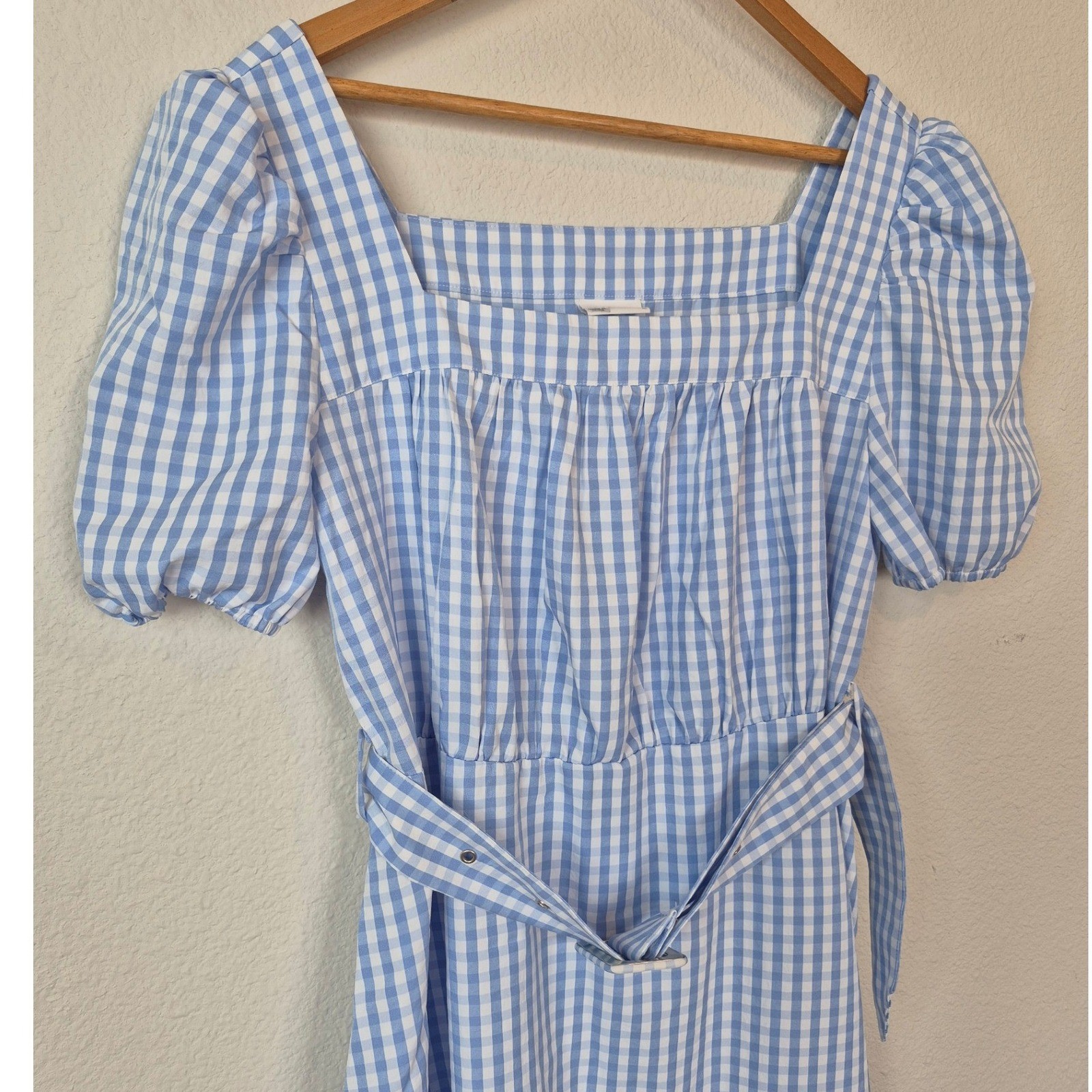 Vila Blue Gingham Maxi Belted Dress Square Neck Puff Sleeve Size US 8