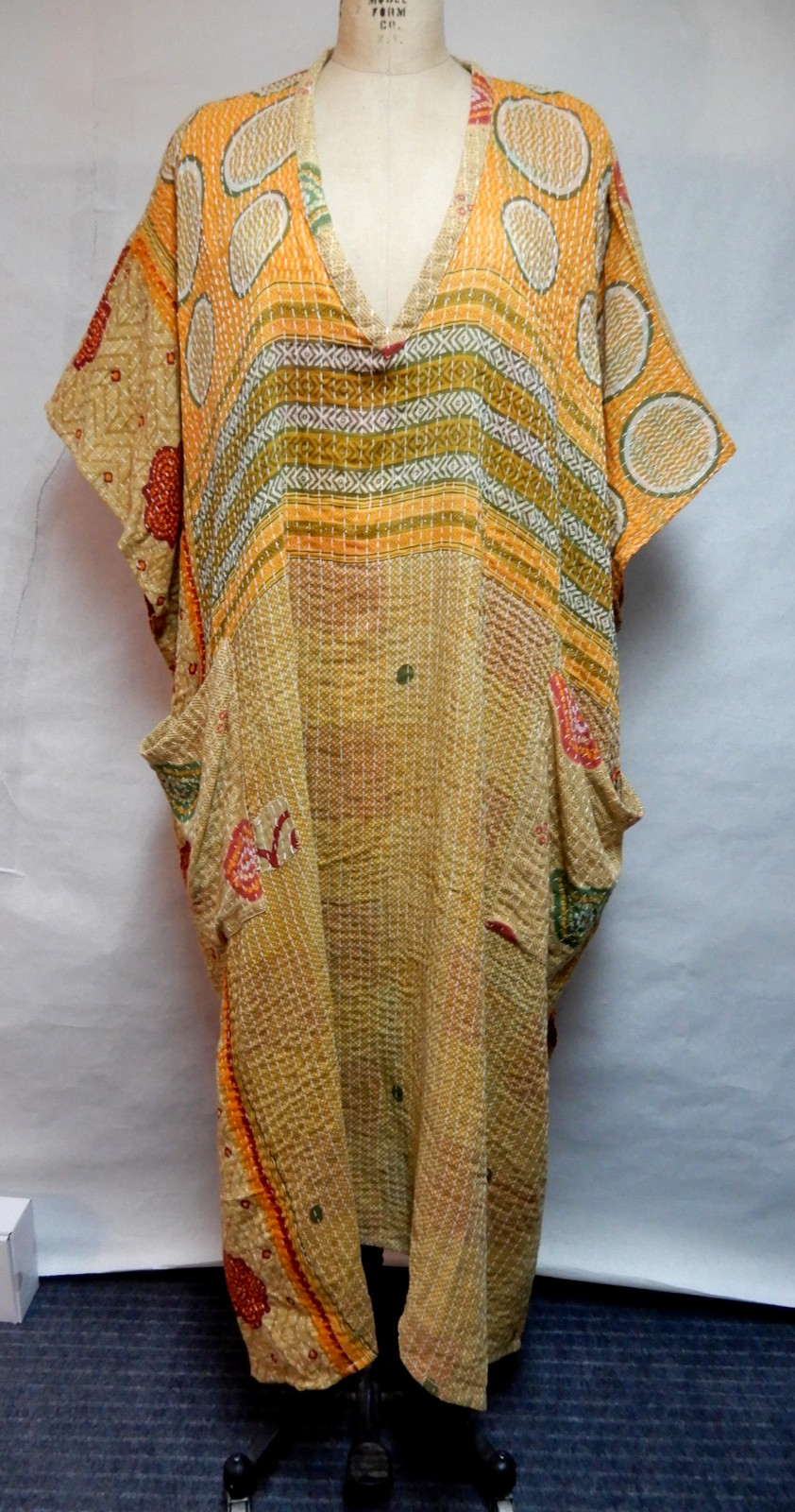 Kantha Bae Caftan Boho Hippie V-neck Gold Dress Kantha Stitch One Size NWOT