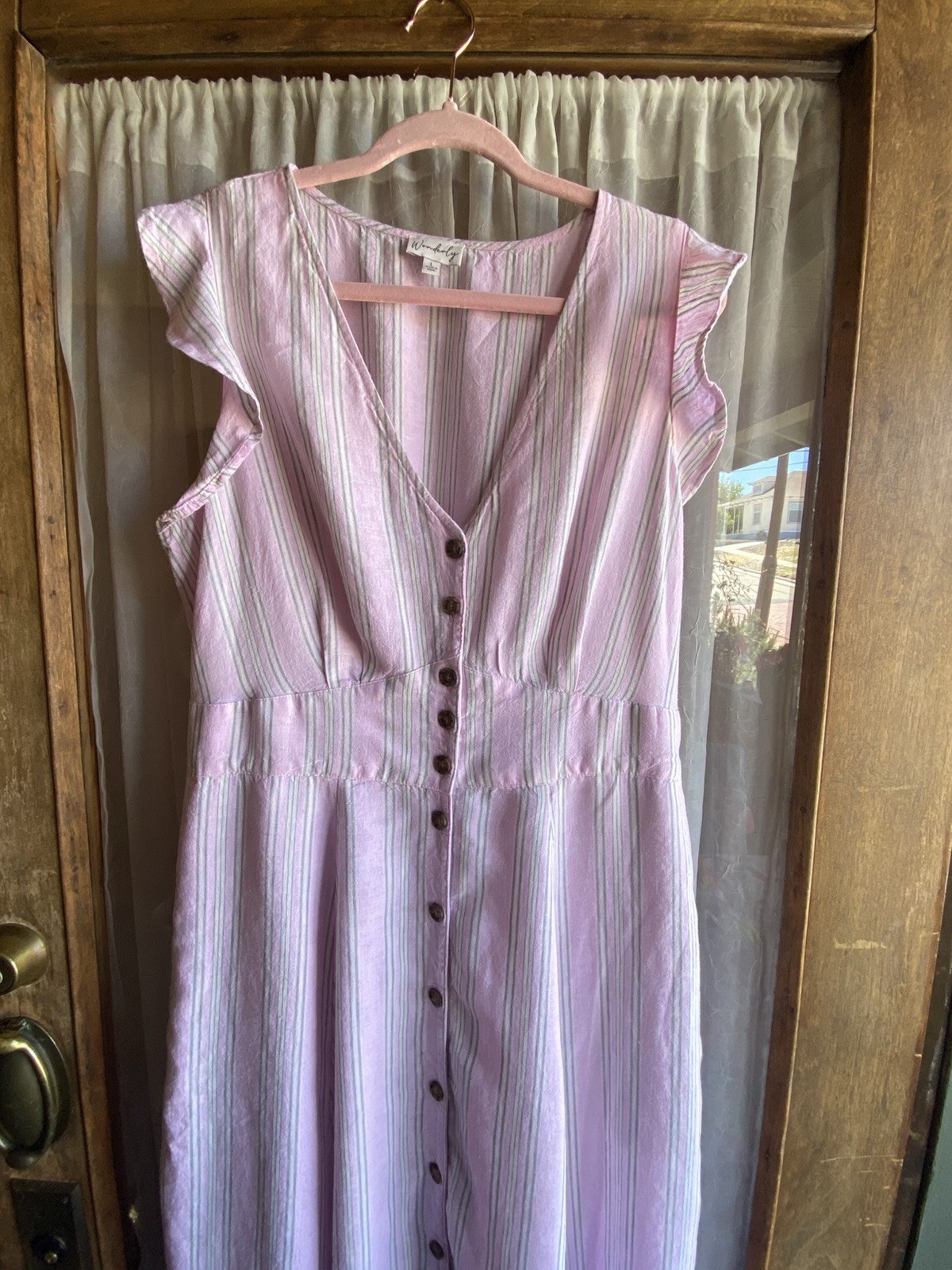 Wonderly Button-Front Sleeveless Striped Midi Dress with Ruffle Sleeves Pink