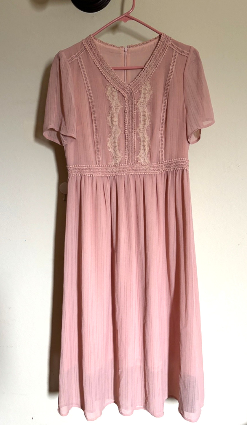 Women Pink Lace Detail Midi Dress Short Sleeve Casul Flowry See photo read Des.