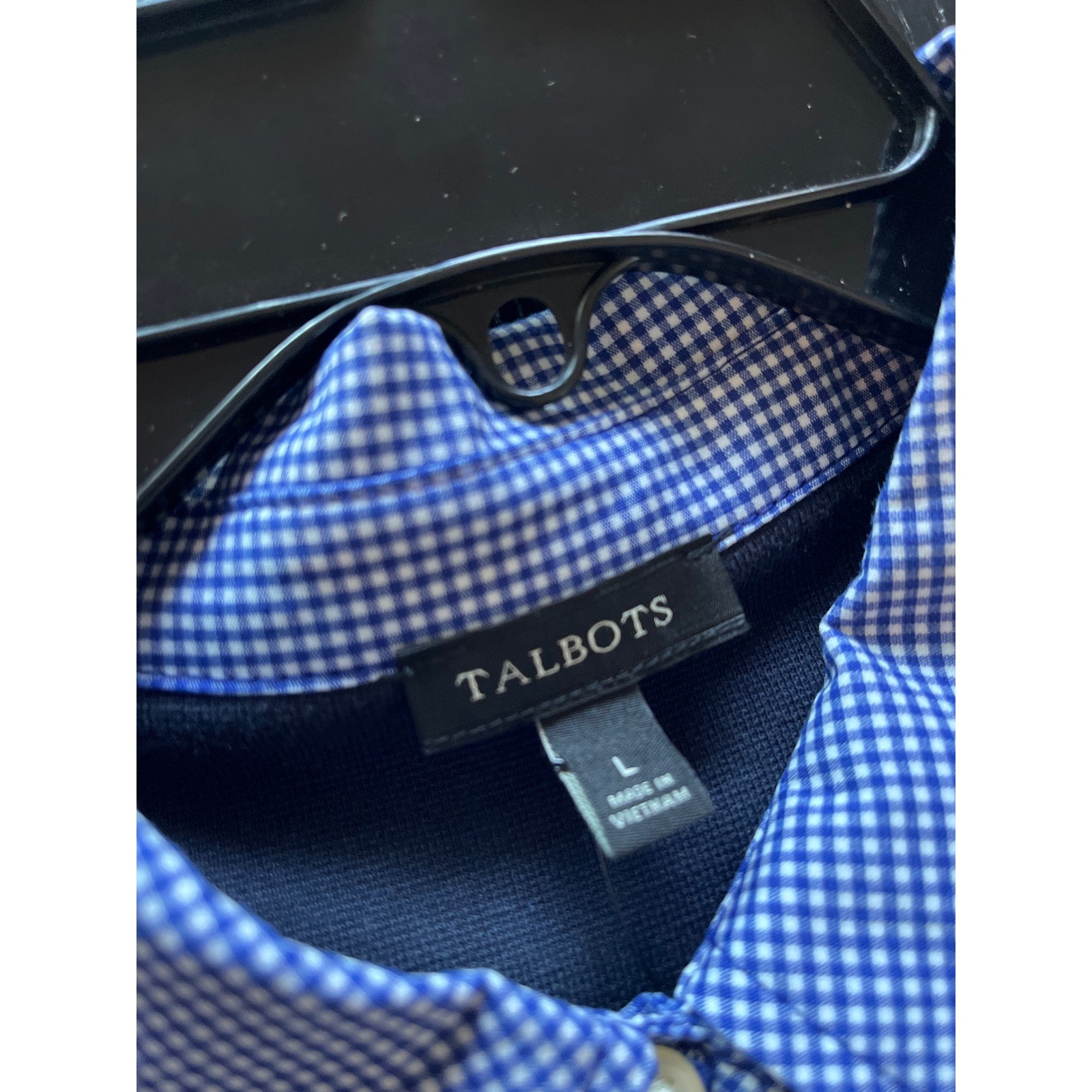 Talbots Navy Blue Gingham Trim Pique Polo Dress 3/4 Sleeve L