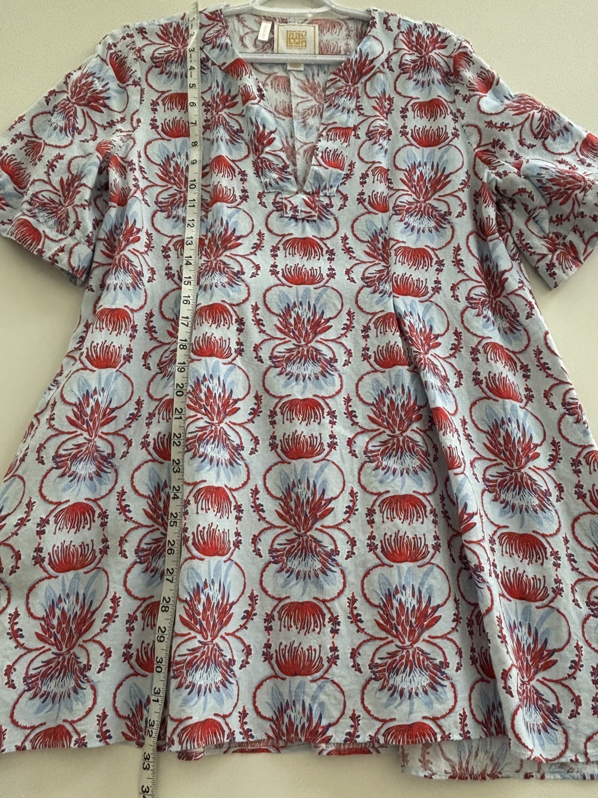 Emily McCarthy Swing Dress Size Medium Linen Blend Red Blue Floral Boutique
