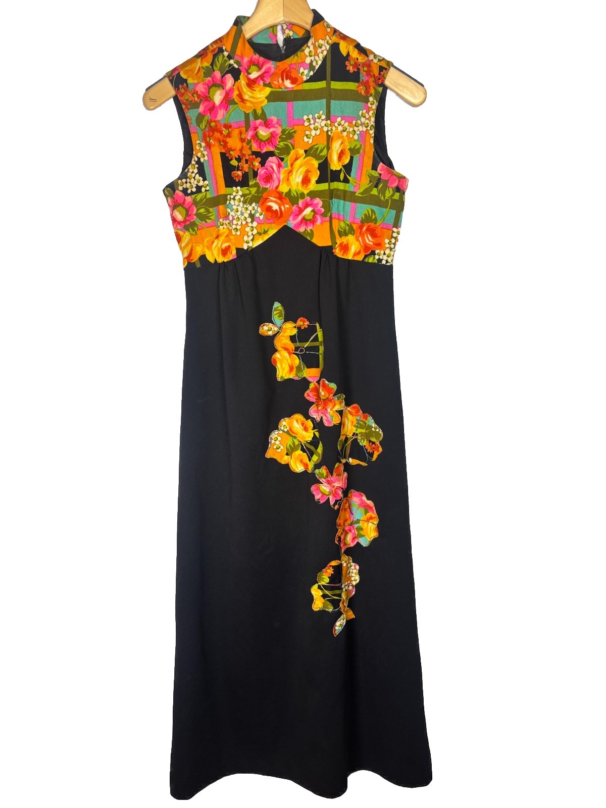 Vintage 70s Long Dress Black Floral Maxi Psychedelic Retro Size 10 (29”)
