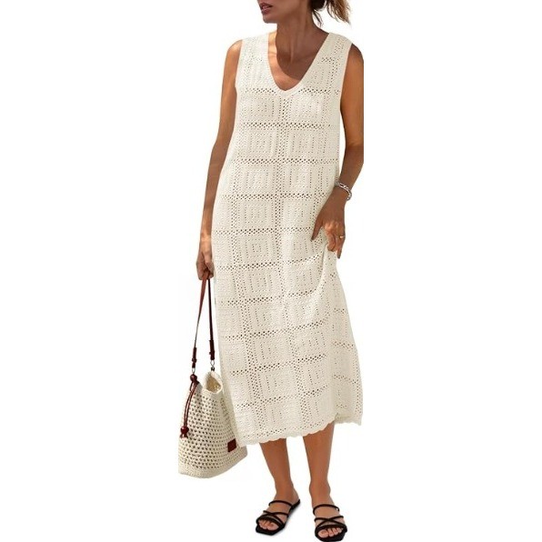 FISOEW Womens Crochet Knit Midi Dress Beige V-Neck Sleeveless Cover Up Large NEW