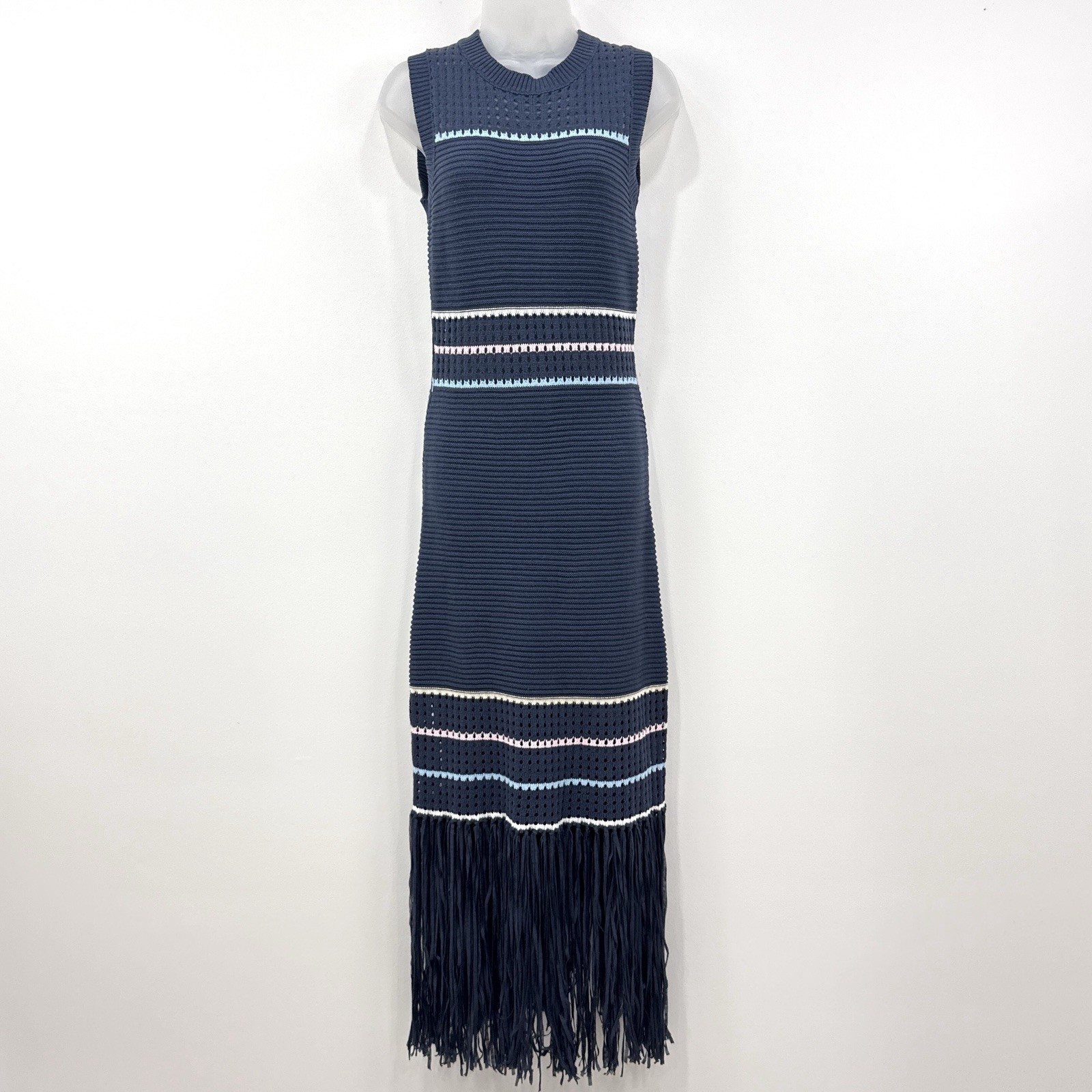 Rodeo Fringe Maxi Dress M Stripe Open Knit Festival Boho Hippie Beach