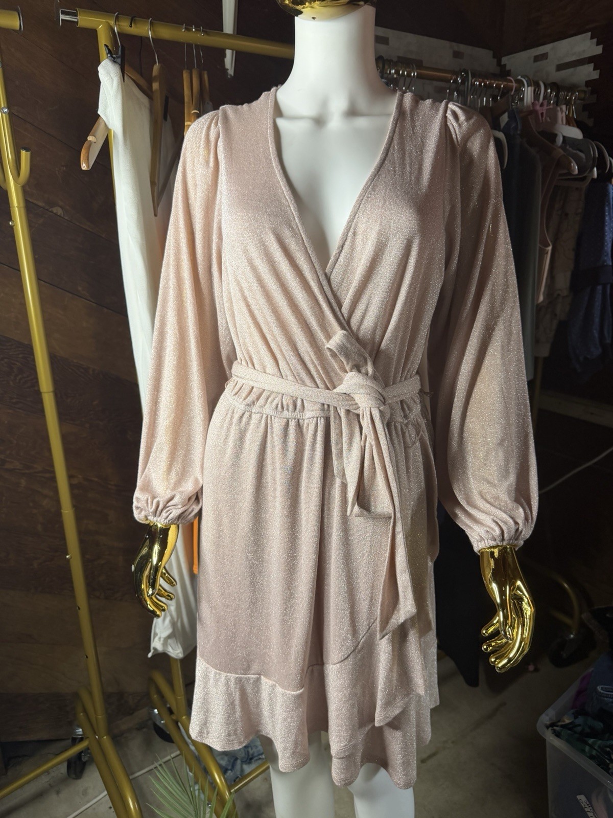 Kohl’s Pink Solid Wrap Tie V-Neck Balloon Long Sleeve Short Dress Size M