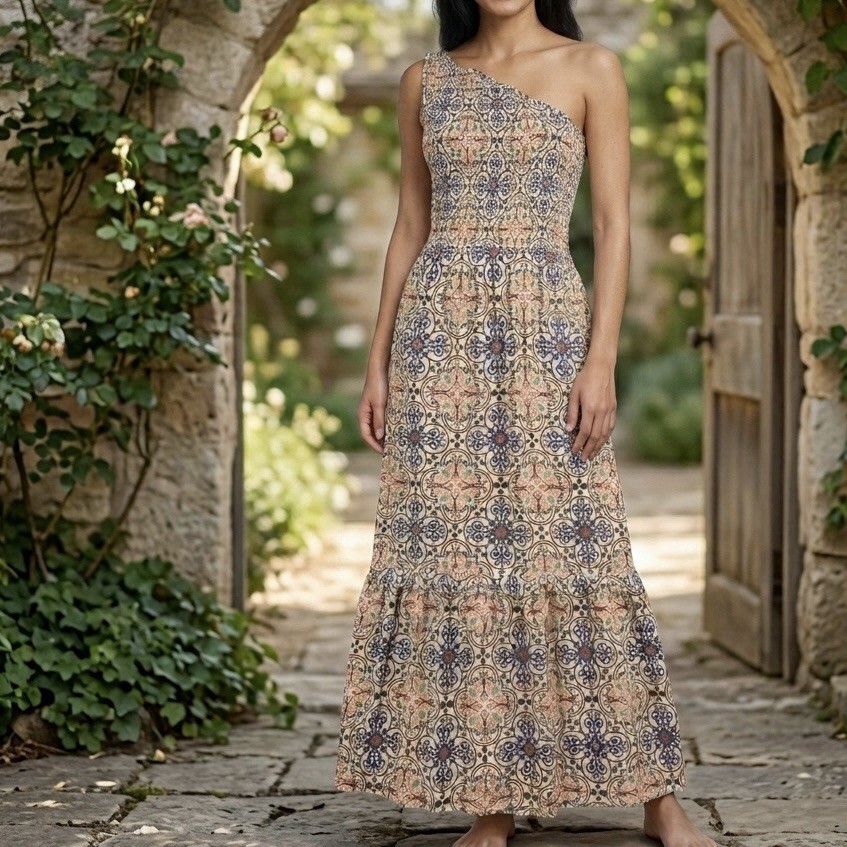 Knox Rose One Shoulder Maxi Dress Womens S Boho Smocked Festival Cottagecore AOP