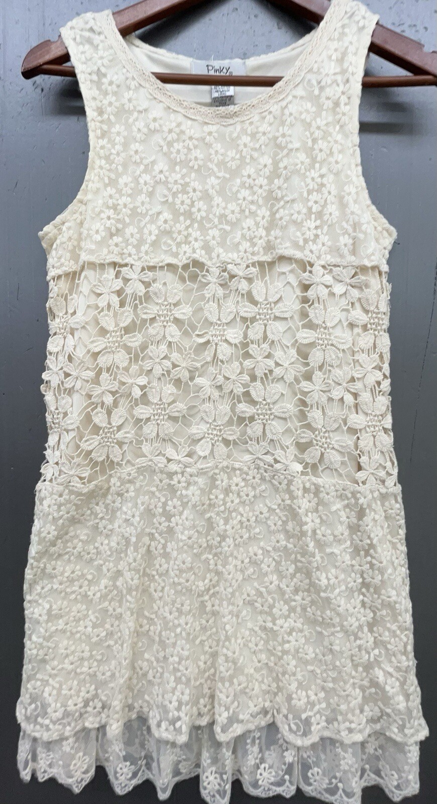 Lace Dress L Ivory Cream Embroider Crochet Layered Ruffle Cottagecore Boho Y2K