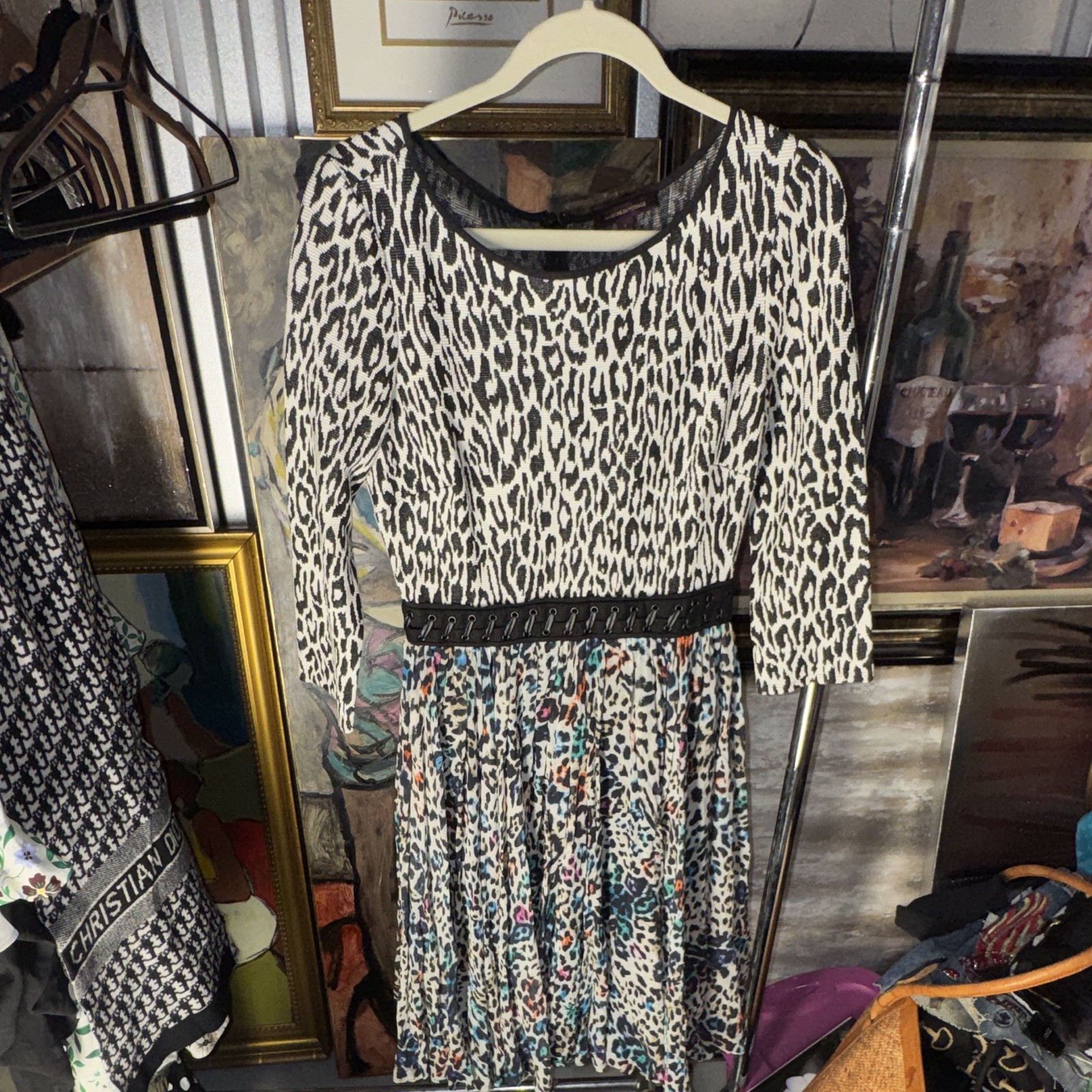 Marchesa Voyage Leopard Animal Print Pleated A-Line Midi Dress M 3/4 Sleeve