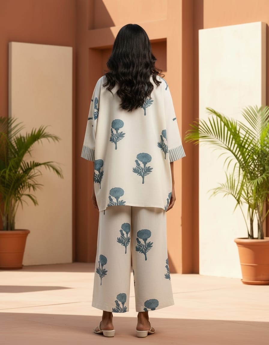 Women Off-White Cotton Flex Kurti Palazzo Set Printed Casual Tunic Indian Boho