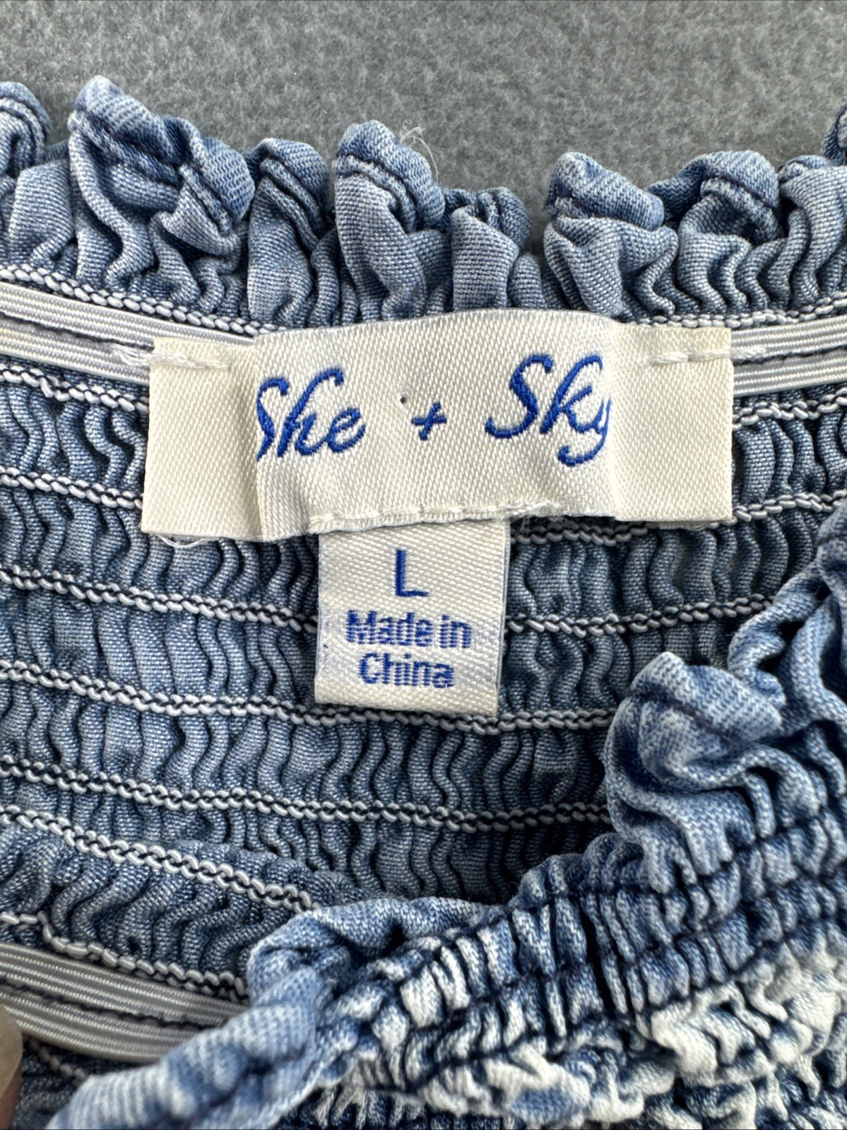 She + Sky Smocked Ruffle Hem Puff Sleeve Chambray Mini Dress Women’s L Coastal