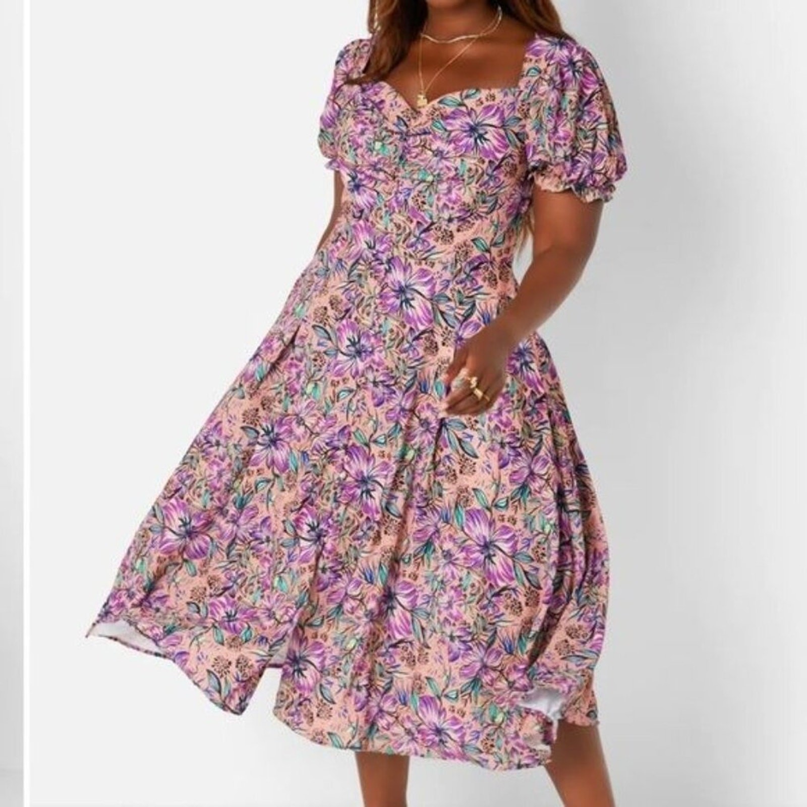 Rebdolls Dress Womens L Dinah Floral Ruched Sweetheart Neck A Line Full Hem